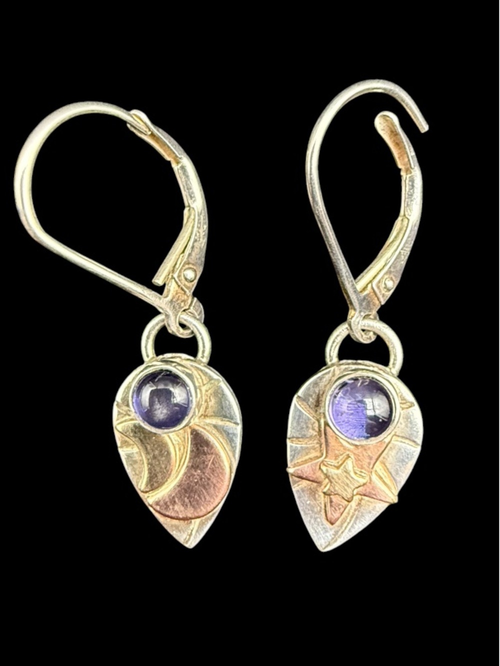 Sterling Silver GF Star Moon Leaf Earrings Deep Blue Cabochon
